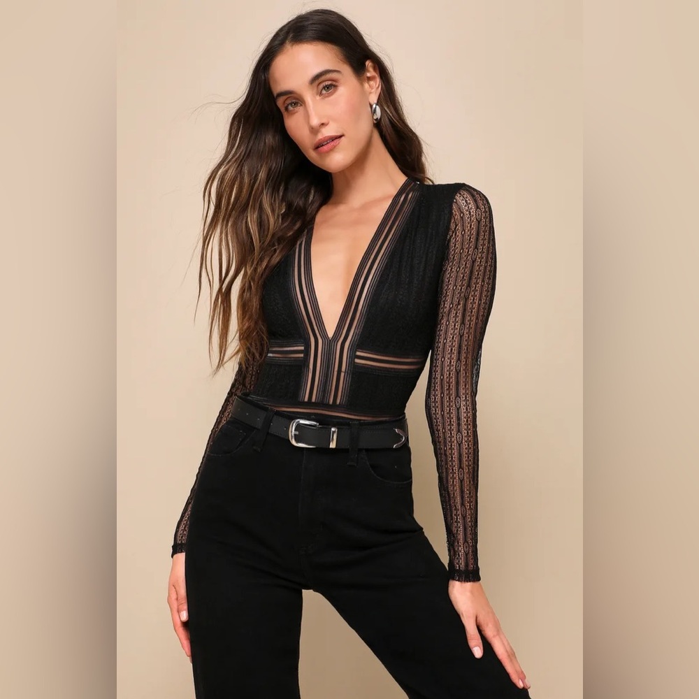 Lulus Casita Black Sheer Lace Long Sleeve Bodysuit